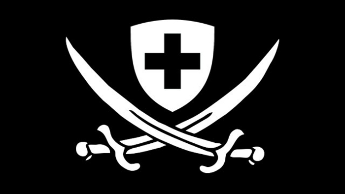 Ecusson suisse et épées croisées sur fond noir, façon drapeau de pirate